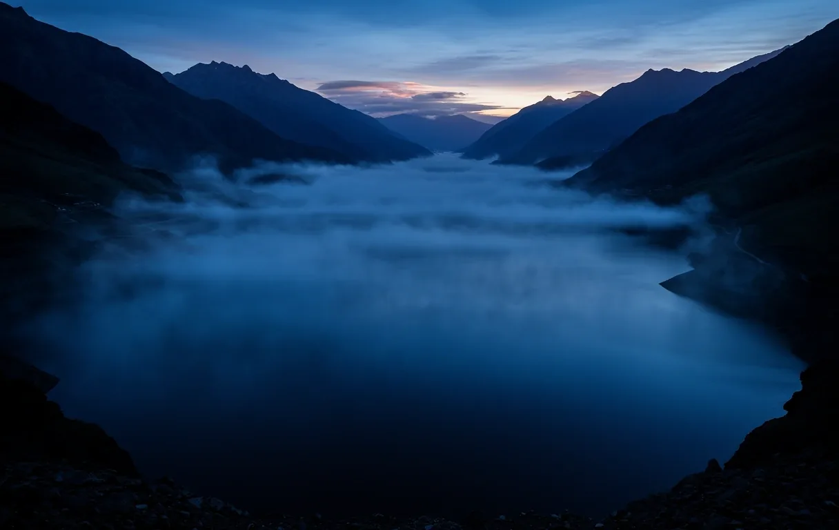 Embalse andino al amanecer